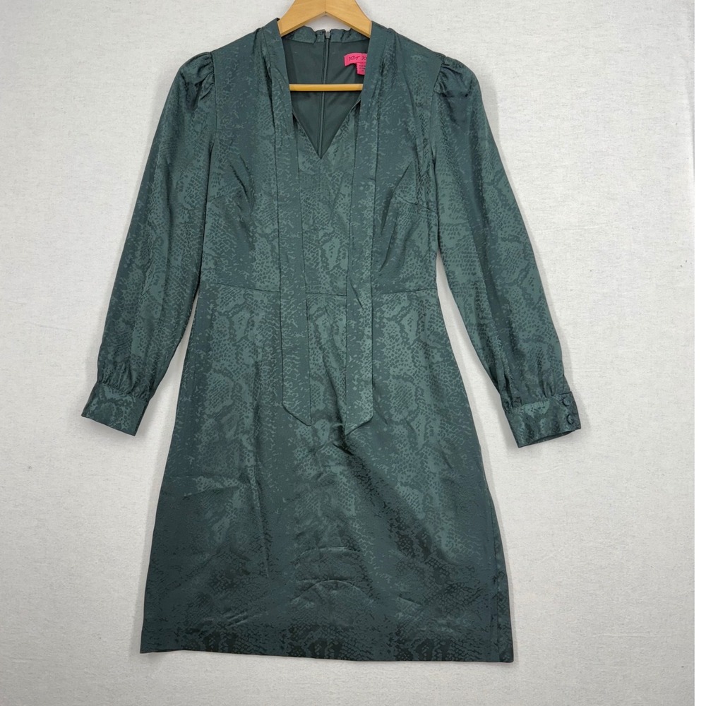 Betsey Johnson Dk Green Snake Print Tie Neck Long Sleeve Holiday Womens Dress 0P